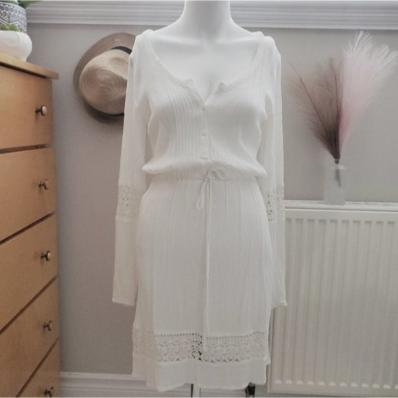 RESORT- White Long Sleeve Cotton Blend Beach Dress- Size 2 - Picture 2 of 12